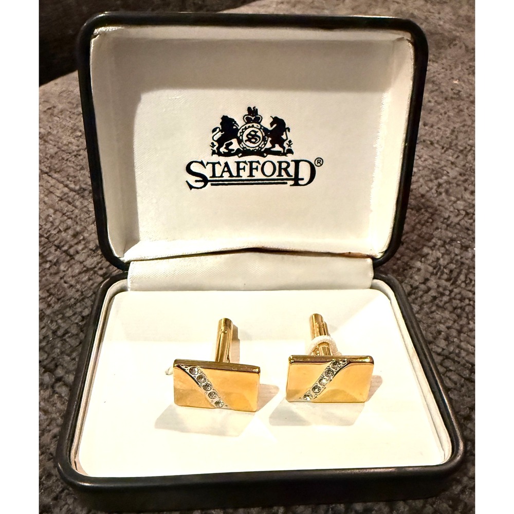 Vintage Stafford Gold Tone Rhinestone Rectangle Enamel Cufflinks Original Box